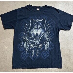 Vintage Wolf Print Men's Graphic Black T-Shirt Size Large